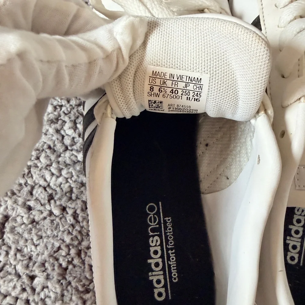 Adidas Neo Leather White w/Black Stripe Sneakers Womens 8 - Picture 7 of 9